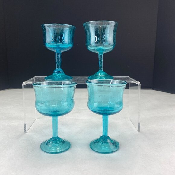 Art Glass Stemware Aqua Blue Set of 4 - Picture 2 of 8